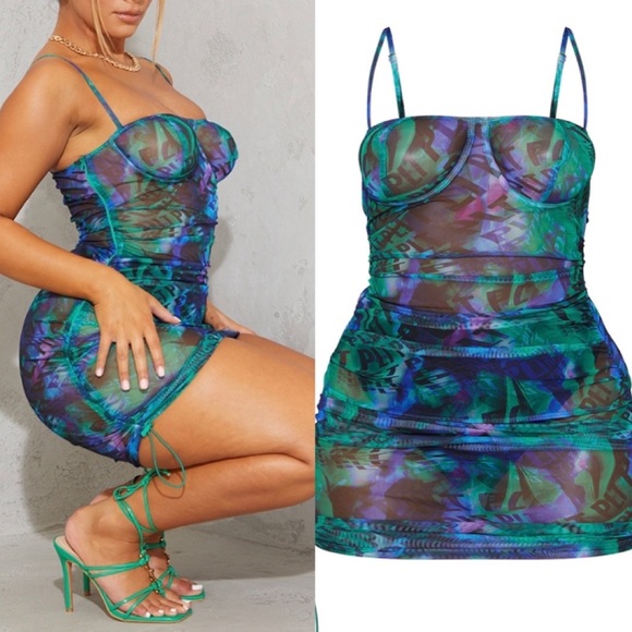 SOLD PrettyLittleThing Purple Print Sheer Mesh Dress - Picture 6 of 6